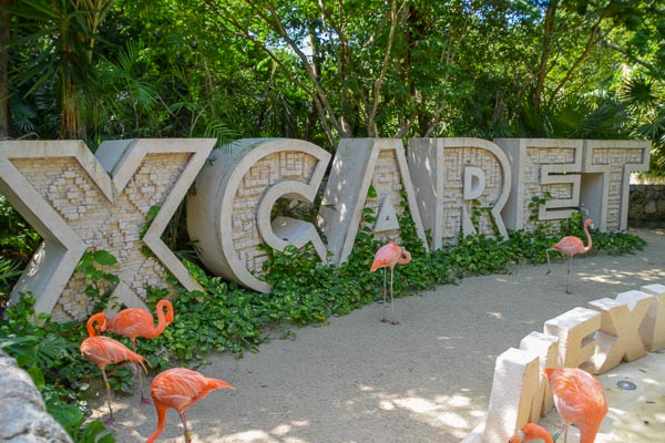 Showing the Xcaret Name with pink flamingos around