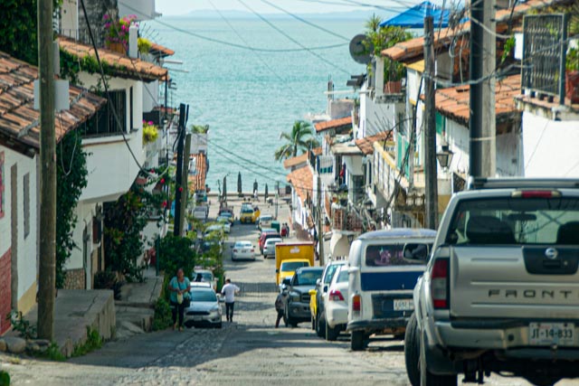 A very step cobbled street in Puerto Vallarta